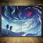 Text: "Winter Wishes". Zwei Personen schauen einen Sternenhimmel an. Wellenartige Linien und Sterne dominieren die Szene.