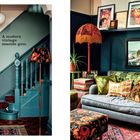 "A modern vintage seaside gem." steht auf einer türkisfarbenen Wand. Links ein Eingang, rechts ein Wohnzimmer mit Retro-Dekor.