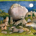 Eine Illustration zeigt eine Gruppe Wölfe, ein Kind und einen Bären in einer Nachtszene mit einem großen Felsen und Vollmond.