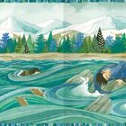 Illustration: Ein Mann klammert sich an einen Felsen im Fluss, ein Hund schwimmt mit Leine, dahinter Berge und Bäume.