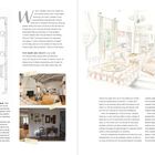 Texte: „THE LIVING ROOM“, „A floor plan is essential“, „These views of the living room“, „THE HEART AND HEIGHT OF A HOME“. 

Links: Grundriss. Mitte: Fotos. Rechts: Illustration eines Wohnzimmers.