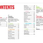 "CONTENTS" in rot, gefolgt von Kategorien wie "ABOUT JAPANESE", "TRAVEL PHRASES", "MENU DECODER", "TWO-WAY DICTIONARY".