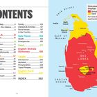 Inhaltsverzeichnis mit Kapiteln zu Sinhala, Basics, Practical, Social, Safe Travel, Food, und Tamil. Karte von Sri Lanka.
