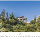 "Tempel des Hephaistos, Athen" steht unten links. Vegetation umgibt einen antiken Tempel mit Säulen auf einem Hügel unter blauem Himmel.