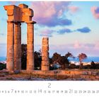 Text: "Acropolis von Rhodos", "CASARES EDITION", Zahlen von 1 bis 28. Antike Säulen vor Meer und Bäumen bei Sonnenuntergang.
