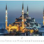 "Sultan Ahmed Moschee" und darunter Zahlen 1 bis 28. Zeigt eine Moschee mit Kuppeln und Minaretten bei Sonnenuntergang.