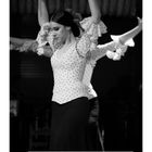Kalender mit Februar. Flamenco-Tänzerin in traditionellem Kleid mit erhobenen Armen. Schwartz-weißes Foto.