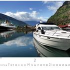 Text: "Hafen von Flåm am Aurlandsfjord", "7", "2", "CASARES EDITION". Zwei Schiffe an einem Fjord, im Hintergrund Berge.