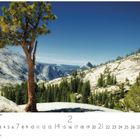Kalenderseite: Tiogapass, Yosemite Valley. Monat Februar. Baum auf Felsen mit Gebirgspanorama im Hintergrund.