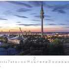 Olympiapark, Casares Edition, Monatsübersicht Februar. Moderne Architektur, Abendstimmung mit Fernsehturm und beleuchteter Stadt.