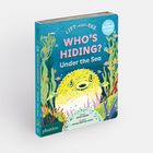 Texte: "Lift-and-See Who's Hiding? Under the Sea". Illustration eines gelben Kugelfisches und bunter Korallen.