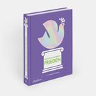 Auf einem lilafarbenen Buchcover steht: "MEIN ERSTES KUNSTBUCH FRIEDEN". Es zeigt eine stilisierte Friedenstaube.