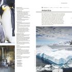 Titel: "Antarctica". Texte über Sehenswürdigkeiten und Aktivitäten. Bilder zeigen Pinguine, eine antarktische Hütte und eine Eislandschaft.