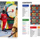 Inhalt: Plan Your Trip, der Guide, Toolkit, Storybook. Links: Wächter in rotem Gewand an großer bunter Trommel.