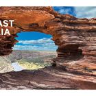 „WEST COAST AUSTRALIA“ steht groß geschrieben. Eine beeindruckende Felsformation bildet ein Fenster mit Blick auf eine Schlucht. Rechts ein Text über Aktivitäten.