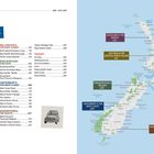 Inhaltsverzeichnis links, Landkarte von Neuseeland rechts mit verschiedenen Regionen und Seitenzahlen markiert.