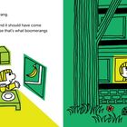 Text: "Jenny had lost her boomerang. It was yellow and curved..." Links Kind im Raum, rechts Kind am Fenster. Bunte Illustration.