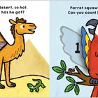 Links ein Kamel mit 1 Höcker, sonnige Wüste. Rechts ein Papagei mit 1 Flügel, bunte Illustration.