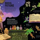 Magical Potions: Eine Person mischt buntes Gebräu in einem Kessel, umgeben von Pflanzen und Büchern über Zauberei.