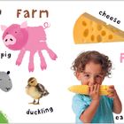 Texte: "cow", "Farm", "pig", "cheese", "broccoli", "food", "sheep", "duckling", "strawberry", "eat", "carrot". Enthält Tiere und Essen.