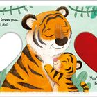 „Grandma loves you. Yes I do! You're my little baby-boo.“ Illustration: Zwei Tiger schmusen, umgeben von Blumen, einem Tukan.
