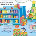 Text: „Is Santa shopping over there? That looks like the hat he wears!”  
Darstellung: Ein bunter Spielzeugladen mit Kindern.