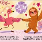 Ein Flamingo und ein Faultier tanzen, umgeben von Herzformen und einem fliegenden "Amor"-Hamster mit Pfeil.