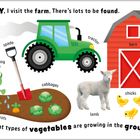 Text: Tuesday, spade, tractor, barn, cow, watering can, cabbages, carrots, lamb, chicks, chicken. Kind gießt Pflanzen.