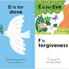 "C is for candle. D is for dove. E is for Eve. F is forgiveness." Illustration mit Kerze, Taube, Frau und Umarmung.