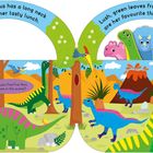 "Brachiosaurus has a long neck to reach her tasty lunch. Can you find five fern leaves in the scene?" Bunte Dinosaurier in Natur.