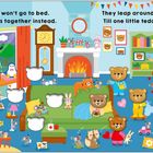 „Ten little teddy bears won’t go to bed“, „They leap around and start a pillow fight“. Bunte Teddybären im Kinderzimmer.