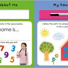 Links: "All about me", "My name is...", bunte Zahlen, Kind winkt. Rechts: "My house", Bild von Sonne, Wolke, Baum, Haus.