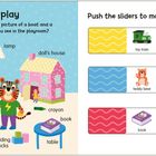Links: Spielzimmer mit Spielzeug und Tieren. Rechts: Schiebepuzzle, um Bild-Paare zuzuordnen.