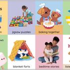 Text: "Cosy activities." 
Aktivitäten: Malen, Puzzle, Backen, Basteln, Marshmallows rösten, Deckenhöhlen, Gutenachtgeschichten, Musik hören.