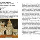 **Linke Seite:**  
Titel: Die Marmorintarsie des Hermes Trismegistos  
Untertitel: Hermetik und Alchemie im Dom von Siena  
Text beschreibt den Tempel und Hermes.

**Rechte Seite:**  
Text über die Wiederentdeckung der Figur Hermes und Farbedeutungen.  

Unten: Illustration mit drei Personen, eine mit Turban.