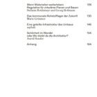 Text mit Seitennummern: Themen von Materialien, Rohstofflager, Infrastruktur, Architektur bis Anhang. Weißer Hintergrund.