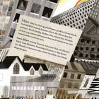 Text beschreibt Max in einer lauten Stadt, wo Menschen eilen. Illustration mit Häusern, Fenstern, Regenbogen und Autos.