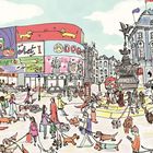 Piccadilly Circus. Illustration einer belebten Straßenszene mit vielen Menschen und Hunden, roten Doppeldeckerbussen und Gebäuden.