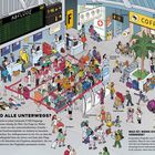 Text: "Abflüge", "Wohin sind alle unterwegs?", "Was ist, wenn ich mein Gepäck vergesse?". Illustration eines belebten Flughafenterminals.