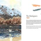 „Techniques“ beschreibt Aquarelltechniken. Links Winterlandschaft mit See, Bergen und Bäumen.