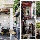Texte: "Lovely day for a Guinness", "anna + nina", "Hello London". Ein traditionelles englisches Pub, roter Doppeldeckerbus, Blumen.