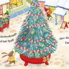 "Auf geht's in die Wichtelwerkstatt! Komm mit uns und hab Spaß!" 
"Spiel­sachen sind weg! Findest DU irgendwas?" 
Illustration mit Elfen, Tieren und Weihnachtsbaum.