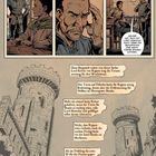 Comic-Stil, zwei Männer sprechen über Benehmen und eine Reise. Darunter mittelalterliche Türme und Erzähltext über politische Konflikte.