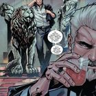 Comicstil-Illustration. Ein Mann lehnt an einer Löwenstatue, daneben sind Statuen. Ein anderer Mann hält ein Getränk.