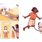 Links oben steht: "In der 1. Klasse konnte ich mir die Haare noch immer nicht selbst machen." Zwei Comic-Szenen zeigen ein Kind in der Badewanne, das "Mamaaa!" ruft, und beim anschließenden Haarefrisieren. Rechts gleitet eine Frau karmisch über dem Boden und kämmt das Haar des Kindes.