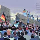 Zwei Textblöcke beschreiben die Teilung eines Landes durch Mauern. Illustration einer Menge vor einer bemalten Mauer mit Wachen.