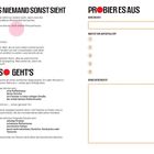 "SIEH, WAS NIEMAND SONST SIEHT" und "SO GEHT'S" steht links. "PROBIER ES AUS" rechts. Leere Felder zum Ausfüllen.