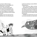 Zwei Textblöcke: Eine dramatische Szene mit Kindern, die vor einer riesigen Taube flüchten. Illustration: Kinder und Taube.
