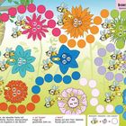 "Bienchen, summe!" Oben rechts. Darstellungen von Blumen und Bienen mit Zahlen und farbigen Kreisen. Ein Spielbrett.