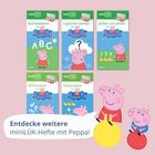Texte: „Buchstabieren mit Peppa Pig“, „Logisches Denken“, „Zahlen und zählen“, „Entdecke weitere miniLÜK-Hefte mit Peppa!“ Illustrationen: Peppa Wutz auf Büchern.